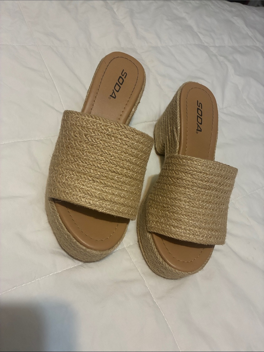 Soda Natural Tan Woven Platform Slide Wedges